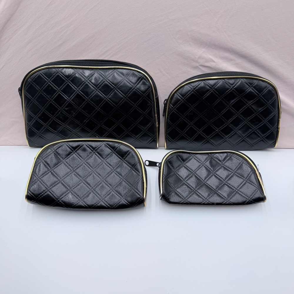 Original Paris Design 4 Piece Quilted Cosmetic Bag Set Black Gold Travel Pouches - Picture 2 of 2